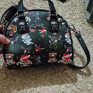 Ed Hardy Black Tattoo-Print Satchel with Skull Hardware